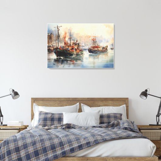 Bustling Tug boats Watercolor Canvas Afdruk (Insitu (Slaapkamer))