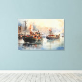 Bustling Tug boats Watercolor Canvas Afdruk (Insitu (Houten vloer))