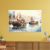 Bustling Tug boats Watercolor Canvas Afdruk (Insitu (Woonkamer))
