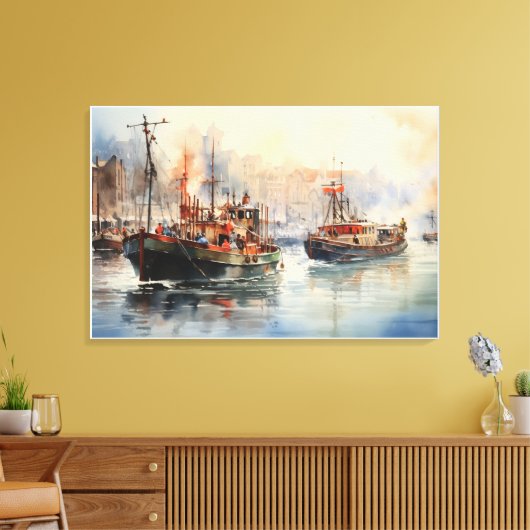 Bustling Tug boats Watercolor Canvas Afdruk (Insitu (Woonkamer))