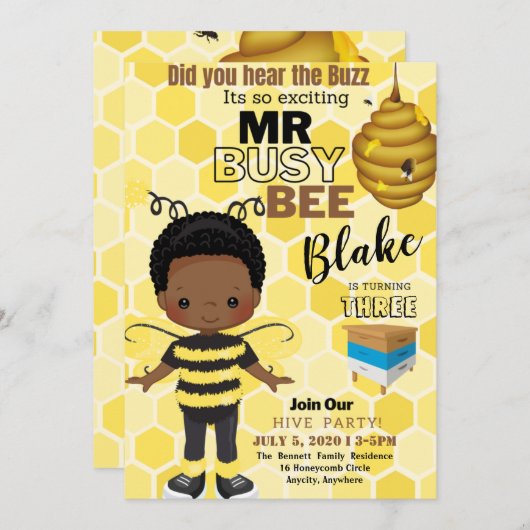 Busy Bee Birthday Invitation Kaart (Voorkant / Achterkant)