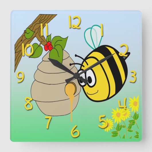 Busy Bee Cute Kind Square Wall Clock Vierkante Klok (Voorkant)