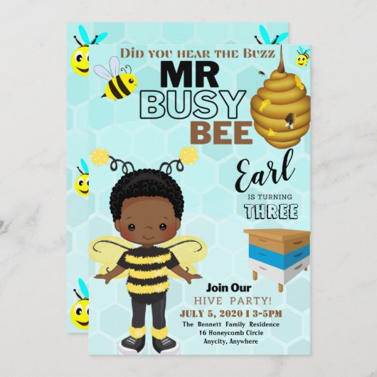 Busy Bee Difference Birthday Invitation Kaart (Voorkant / Achterkant)