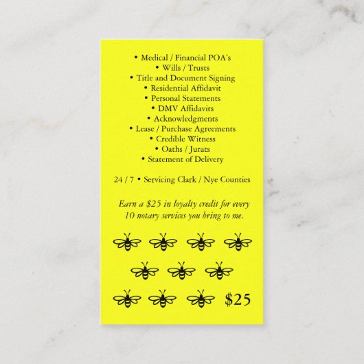 Busy Bee's Mobile Notional Loyalty-kaart Visitekaartje (Achterkant)