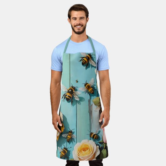 Busy Bees with Pink and Yellow Roses on Old Fence Schort (Gedragen)