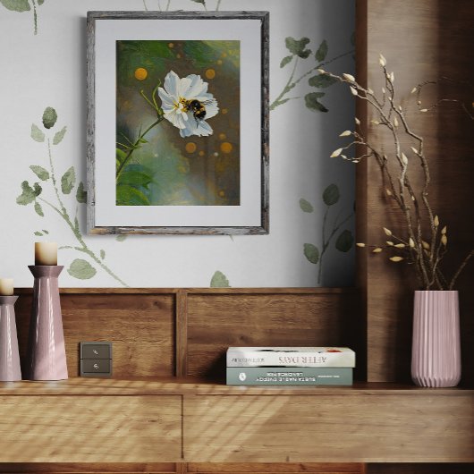 Busy Bumblebee Pollinating White Cosmos Flower Foto Afdruk