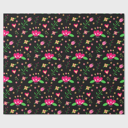 Busy Floral Pattern on Black Cadeaupapier (Vlak)