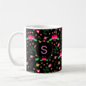 Busy Floral Pattern on Black Monogram Koffiemok (Links)