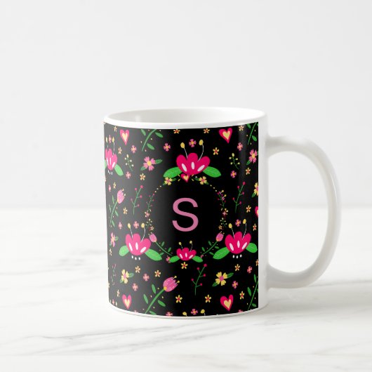 Busy Floral Pattern on Black Monogram Koffiemok (Rechts)