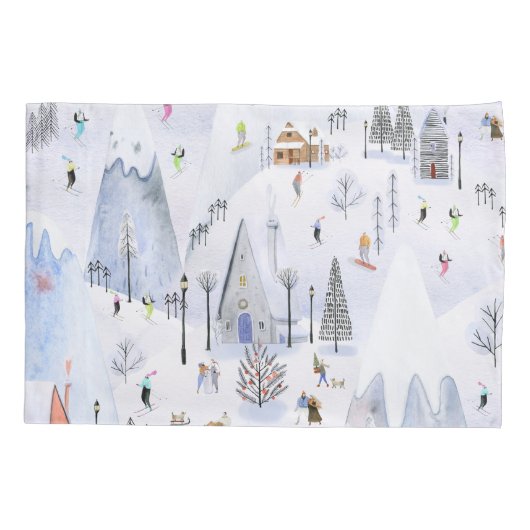 Busy Mountain Alpine Ski Village Kussensloop (Achterkant-Links)