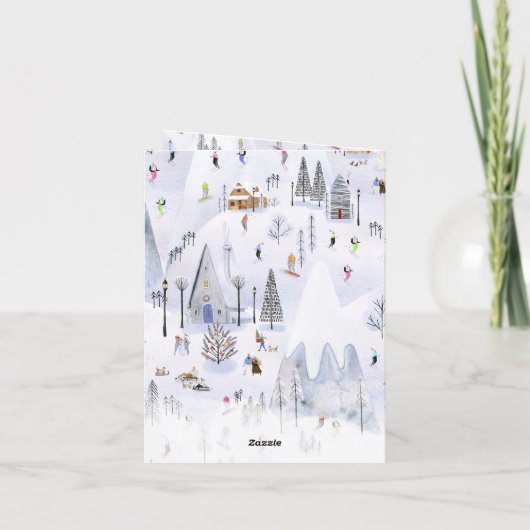 Busy Mountain Ski Village Vrolijk Kerstfeest Feestdagen Kaart (Achterkant)
