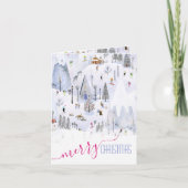 Busy Mountain Ski Village Vrolijk Kerstfeest Feestdagen Kaart (Voorkant)