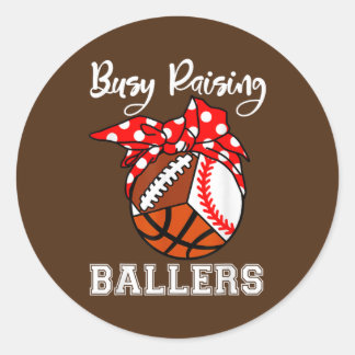 Busy Raising Ballers Funny Baseball Football Ronde Sticker