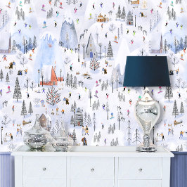 Busy Snowy Mountain Alpine Ski Village Behang