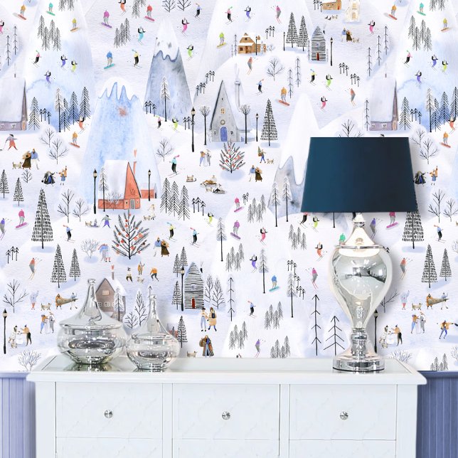 Busy Snowy Mountain Alpine Ski Village Behang (Creator heeft geüpload)