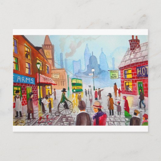 Busy street scene penny farthing tram Gordon Bruce Briefkaart (Voorkant)