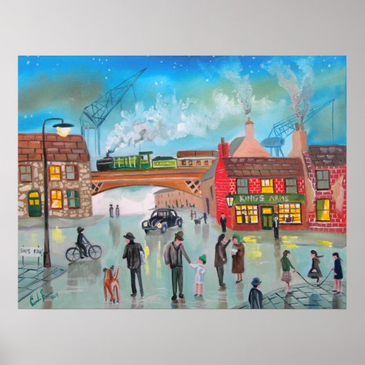 Busy street scene trein Gordon Bruce art Poster (Voorkant)