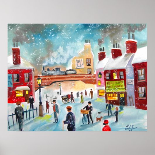 Busy street scene wintertrein oil schilder art. poster (Voorkant)