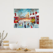 Busy street scene wintertrein oil schilder art. poster (Keuken)