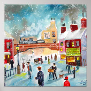 Busy street scene wintertrein oil schilder art. poster