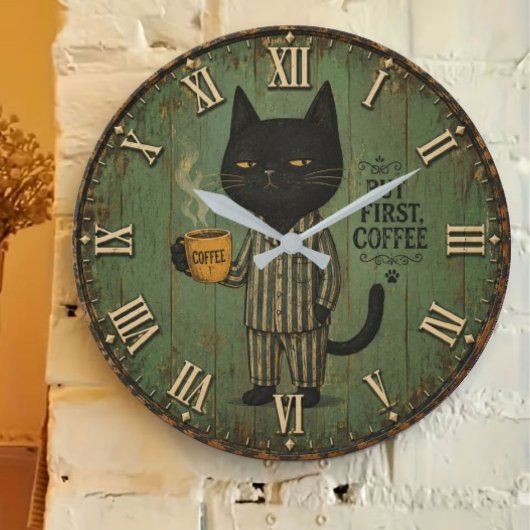 But First Coffee Black Cat Grote Klok