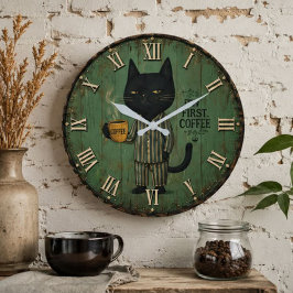 But First Coffee Black Cat Grote Klok