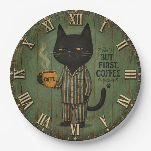 But First Coffee Black Cat Papieren Bordje (Voorkant)