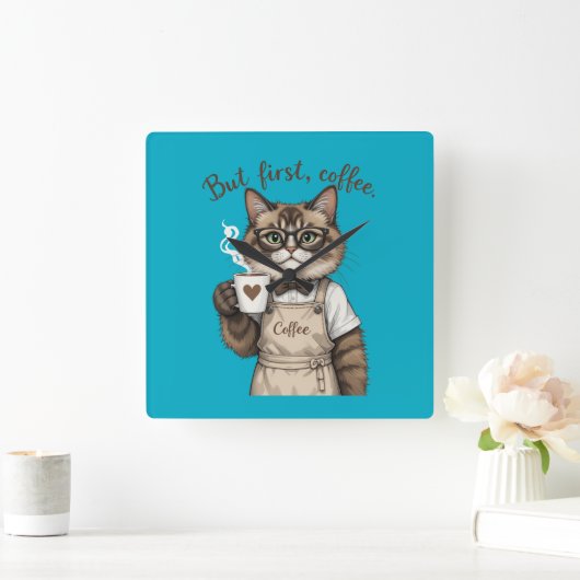 But First, Coffee Cat Vierkante Klok (Huis)