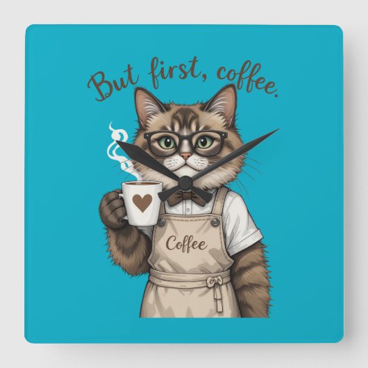 But First, Coffee Cat Vierkante Klok (Voorkant)