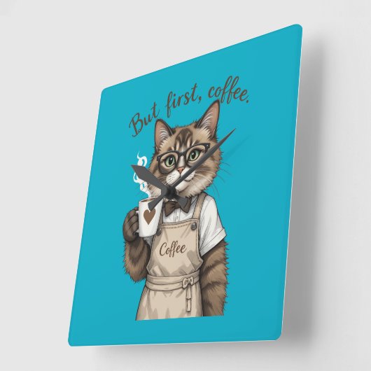 But First, Coffee Cat Vierkante Klok (Hoek)