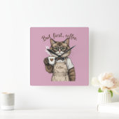 But First, Coffee Cat Vierkante Klok (Huis)