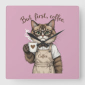 But First, Coffee Cat Vierkante Klok (Voorkant)