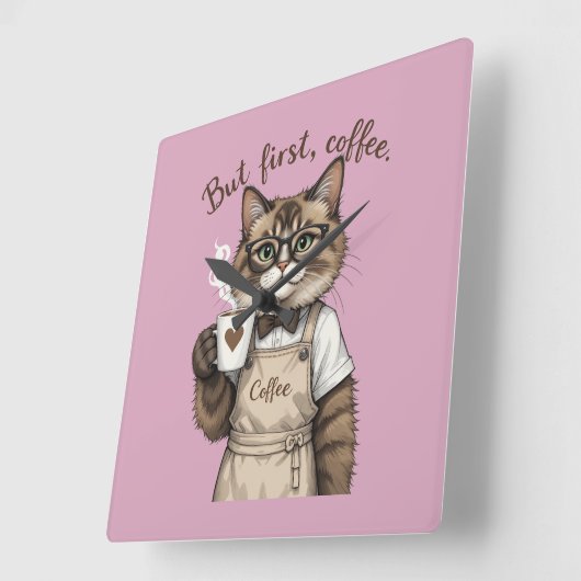 But First, Coffee Cat Vierkante Klok (Hoek)