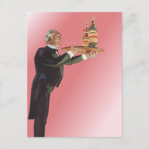  butler in een smoking serveert wijn op dienblad briefkaart