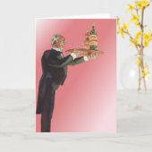 butler in een smoking serveert wijn op dienblad kaart (Gele Bloem)