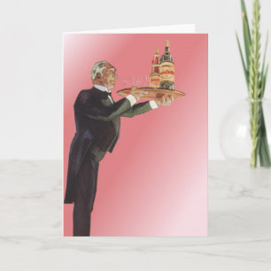  butler in een smoking serveert wijn op dienblad kaart