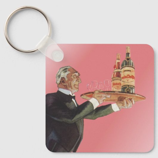 butler in een smoking serveert wijn op dienblad sleutelhanger (Voorkant)