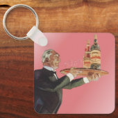 butler in een smoking serveert wijn op dienblad sleutelhanger (Voorkant)