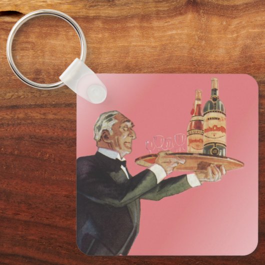 butler in een smoking serveert wijn op dienblad sleutelhanger (Voorkant)