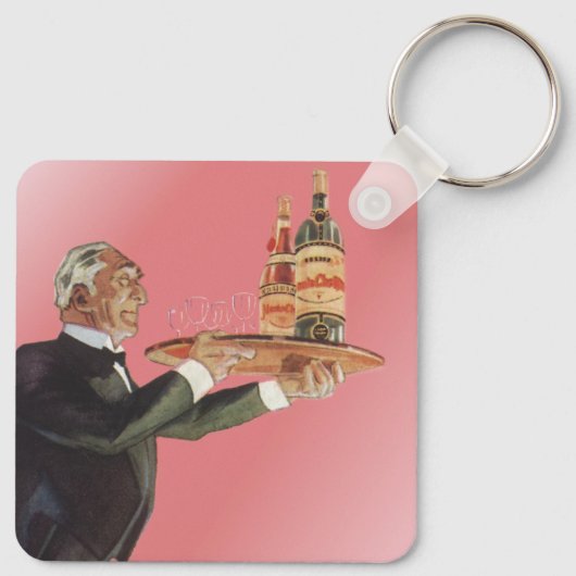 butler in een smoking serveert wijn op dienblad sleutelhanger (Achterkant)