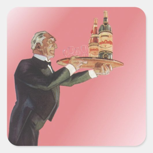 butler in een smoking serveert wijn op dienblad vierkante sticker (Voorkant)