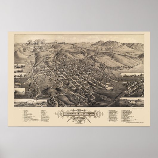 Butte City, MT Panorama Map - 1884 Poster (Voorkant)