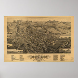 Butte Montana 1884 Antiek Panoramische Kaart Poster