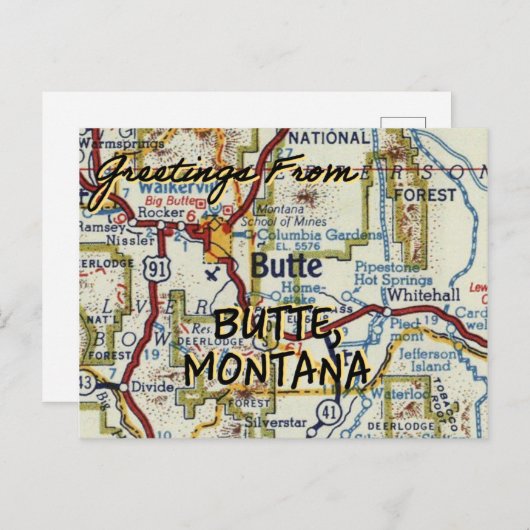 Butte Montana Map Briefkaart (Voorkant / Achterkant)