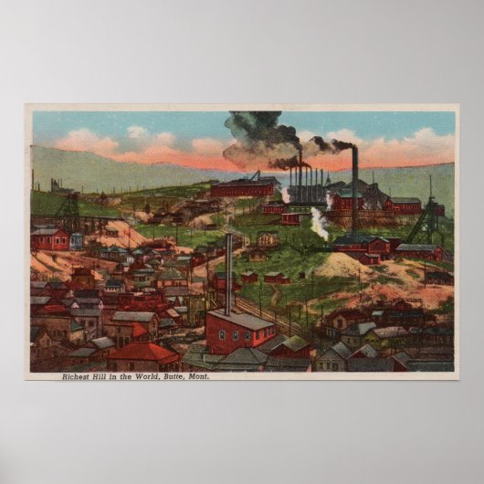 Butte, MT - Uitzicht van Factories & Homes op Hill Poster (Voorkant)