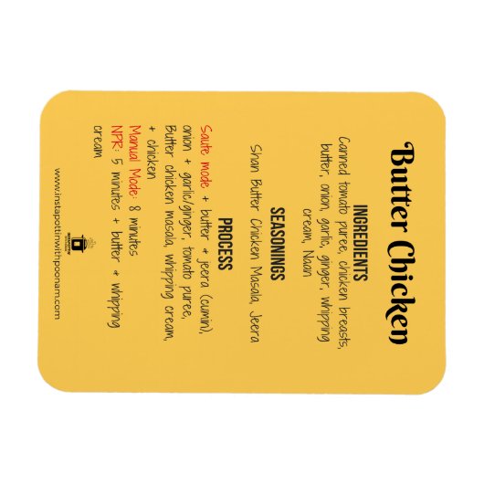 Butter Chicken Recept Magnet voor Instant Pot Magneet (Horizontaal)