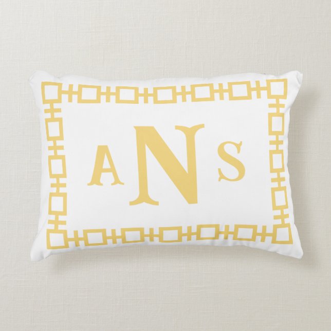Butter geel vierkant Grieks sleutel monogram Accent Kussen (Voorkant)
