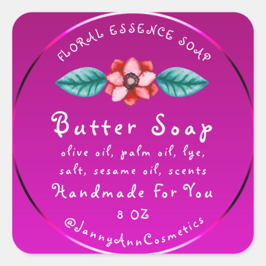 Butter Soap Cosmetics Handmade Logo Pink Floral Vierkante Sticker (Voorkant)