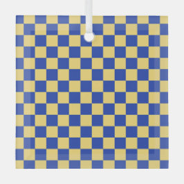 Butter yellow and blue checkered board pattern glas ornament