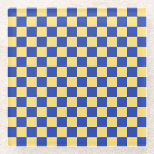 Butter yellow and blue checkered board pattern glazen onderzetter (Voorkant)